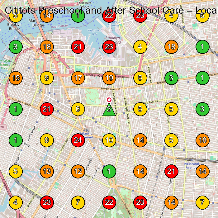 Cititots Preschool and After School Care Day Care Center GeoGrid ranking map for Brooklyn NY